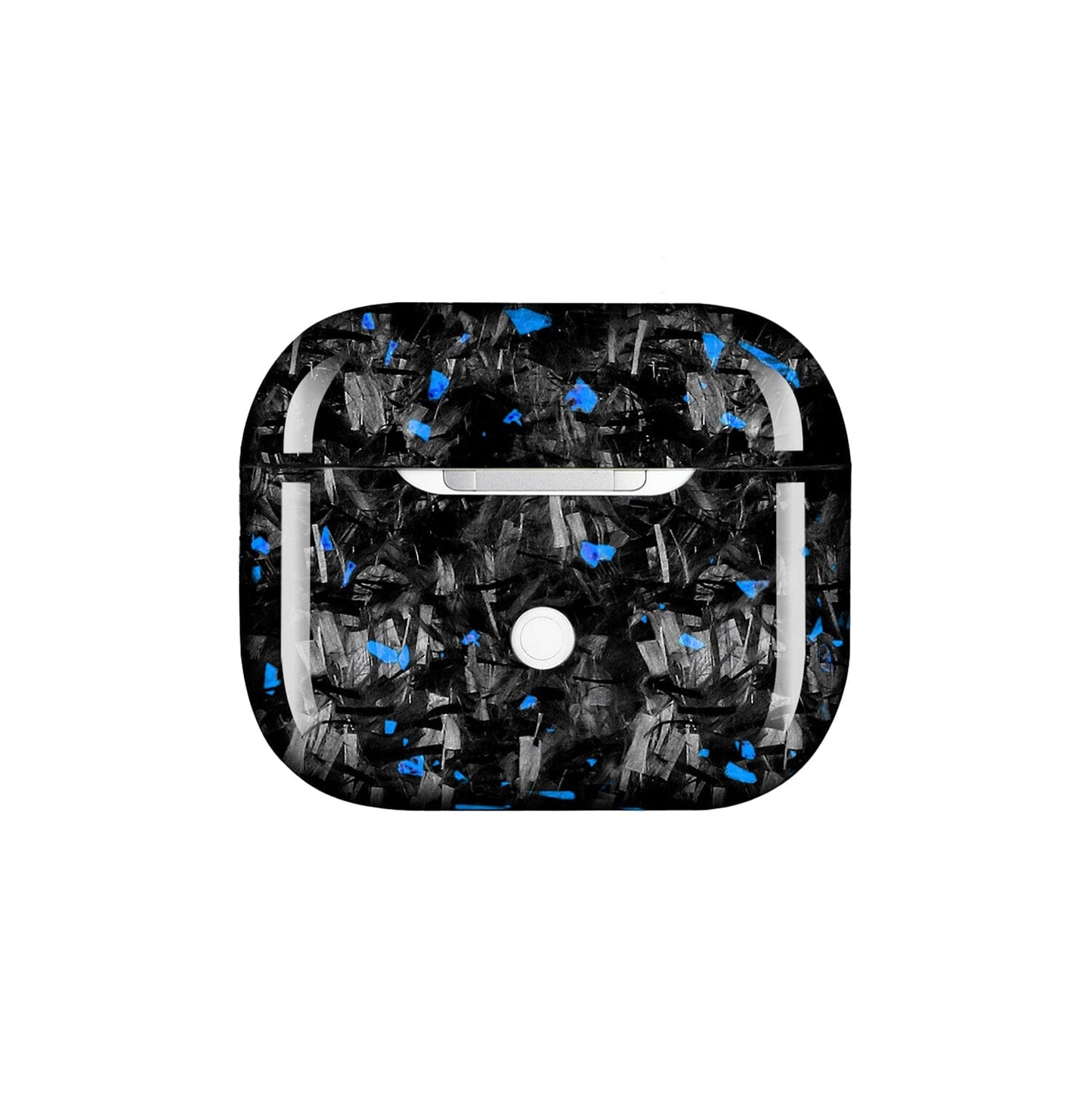 AirPods case with blue flake carbon fiber finish detail