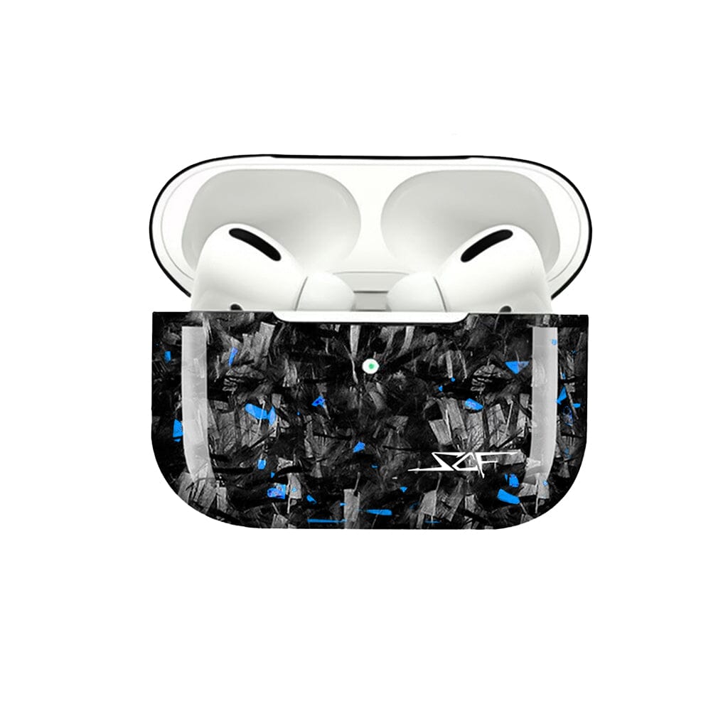 Blue carbon fiber AirPods case open showing interior