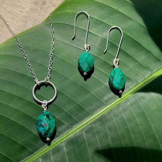 Natural stone earrings showing chrysocolla mineral texture
