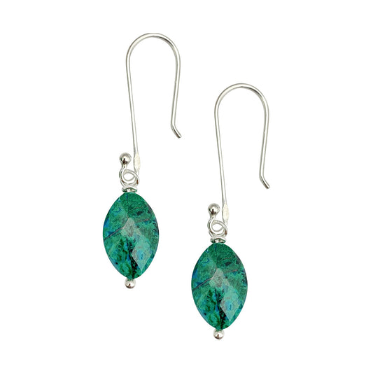 Green chrysocolla stone drop earrings with silver hooks