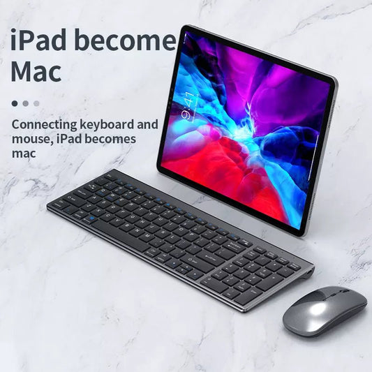 Black wireless mouse and keyboard set on white background