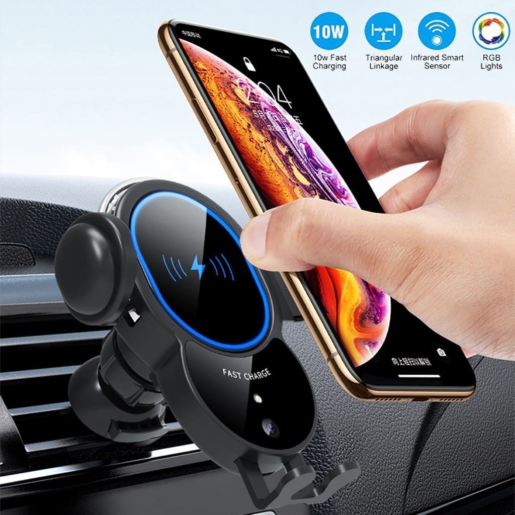 Black wireless car charger with triangle mount design"