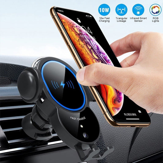 Black wireless car charger with triangle mount design"